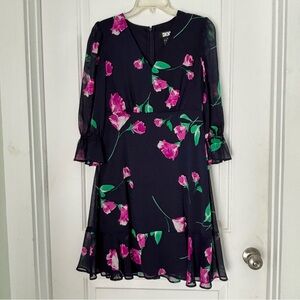 DKNY Dark Blue V-Neck Ruffle Hem Chiffon Fit & Flare Mini Dress 3/4 Puff Sleeve